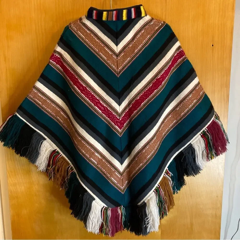 Vintage 70s Youth/Pre-Teen's Multicolored Fringed Poncho Artisan Made in Brazil